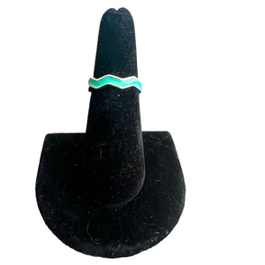 Turquoise tone enamel and silver wave wavy ring - size 6